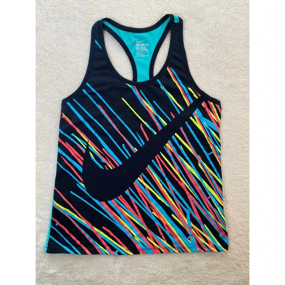 Nike Womens Racerback Tank Top Black Multicolor Swoosh Athletic Cut Medium